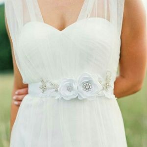 White Bridal Gown Flower Sash. White Wedding Sash